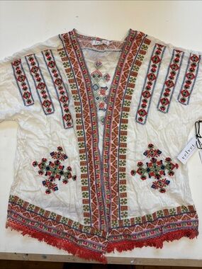 Velvet White Embroidered Boho Top with Red & Blue Accents
